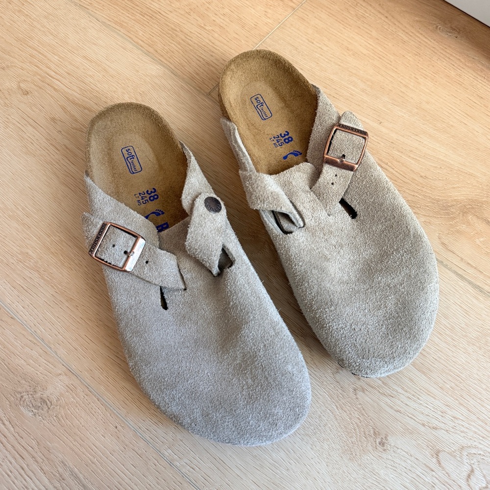 Birkenstock Suede Slip-On Clogs in Light Taupe